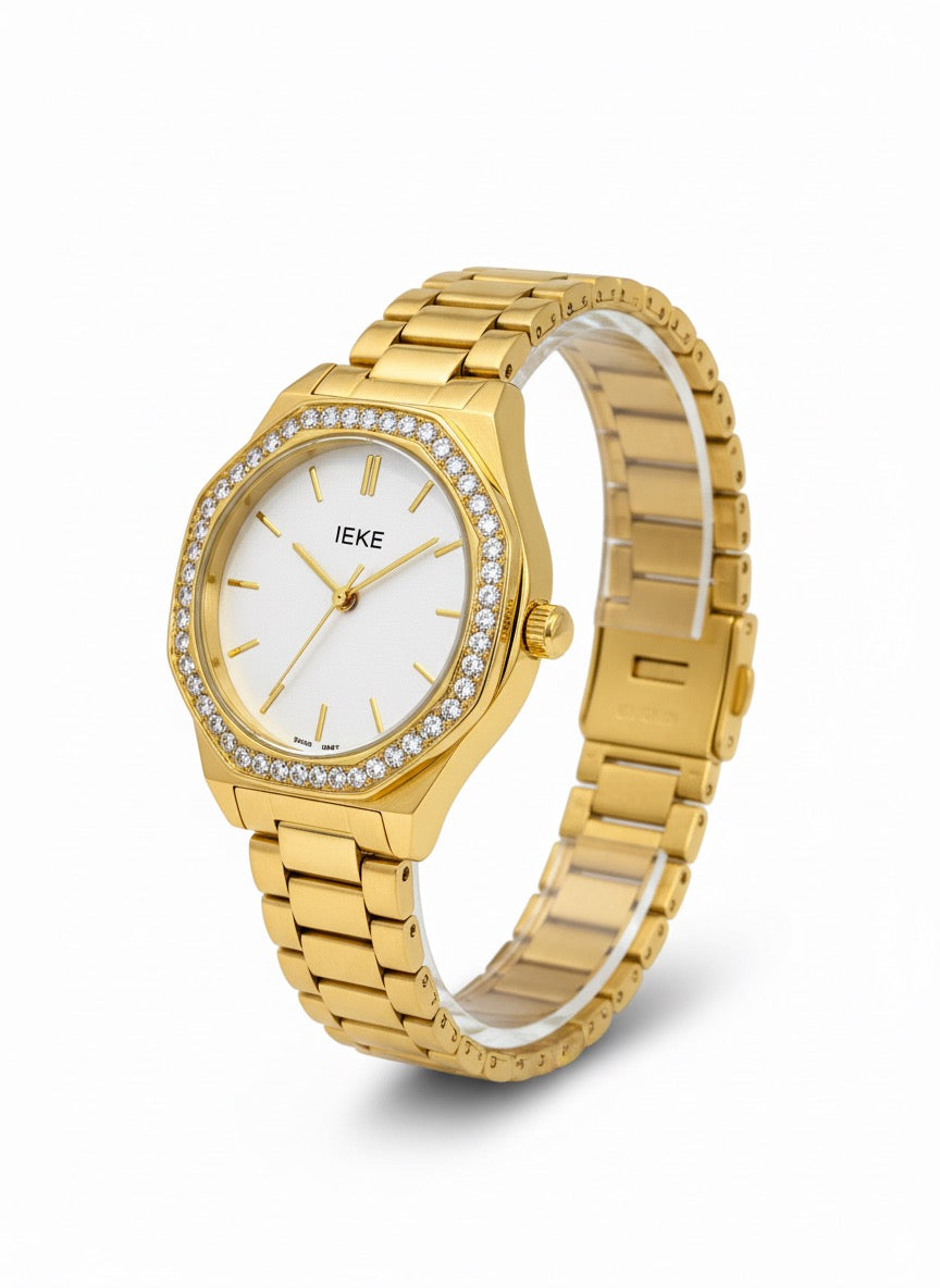 Montre IEKE Luxe Doré – Cadran Blanc & Lunette Sertie de Cristaux