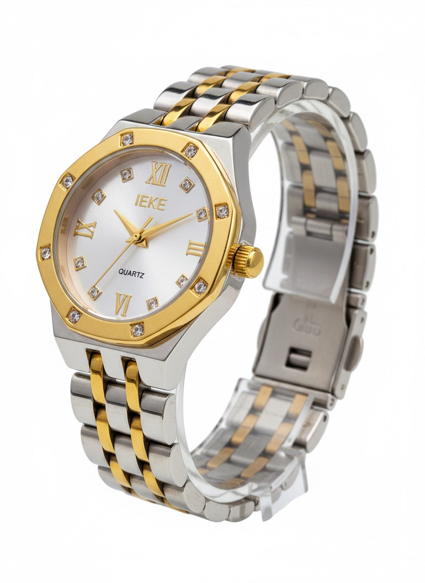 Montre IEKE Élégance Bicolore – Quartz Doré & Acier avec Index Cristaux
