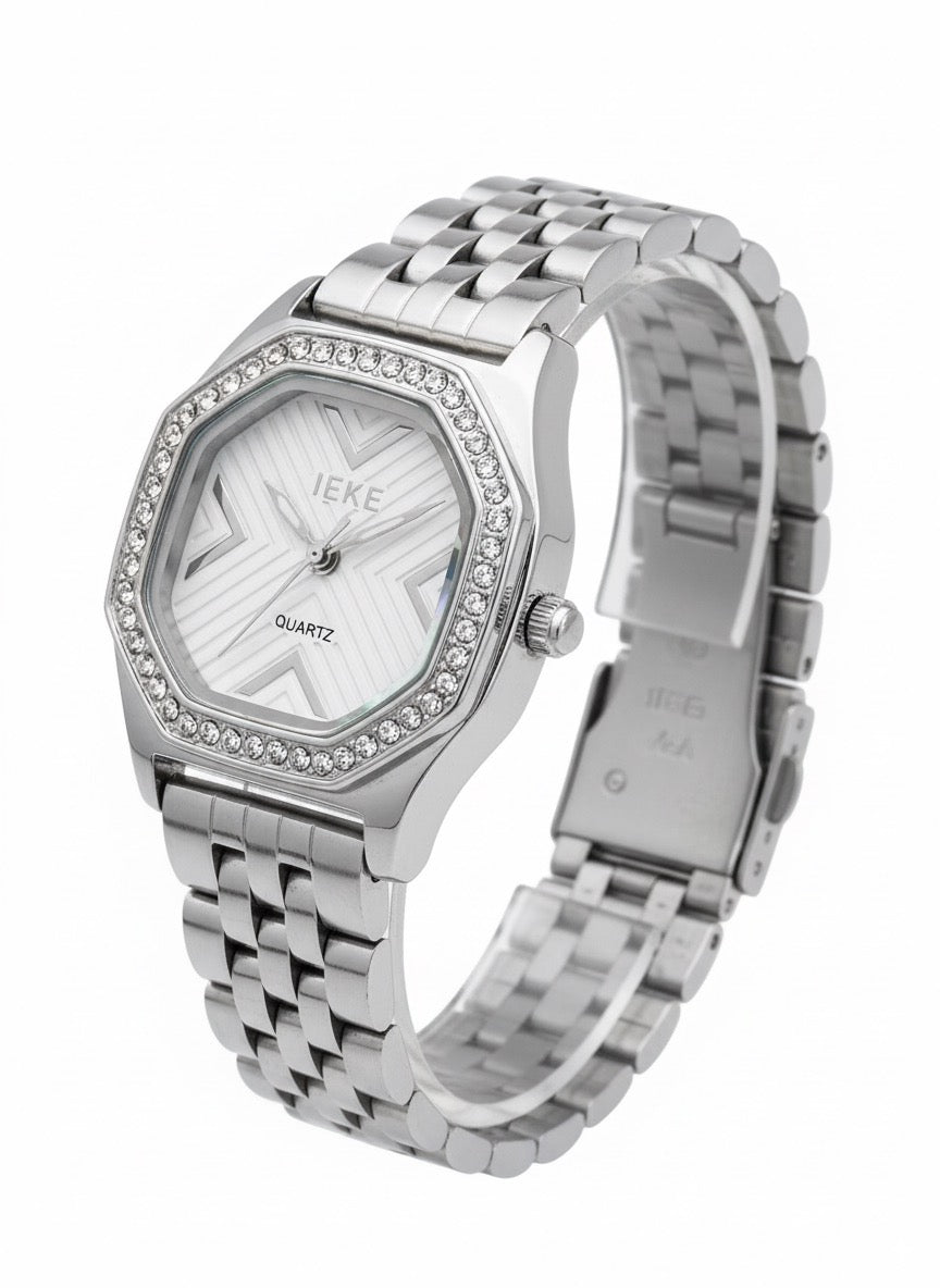 Montre YEKE Élégance Argent – Cadran Géométrique & Lunette Sertie