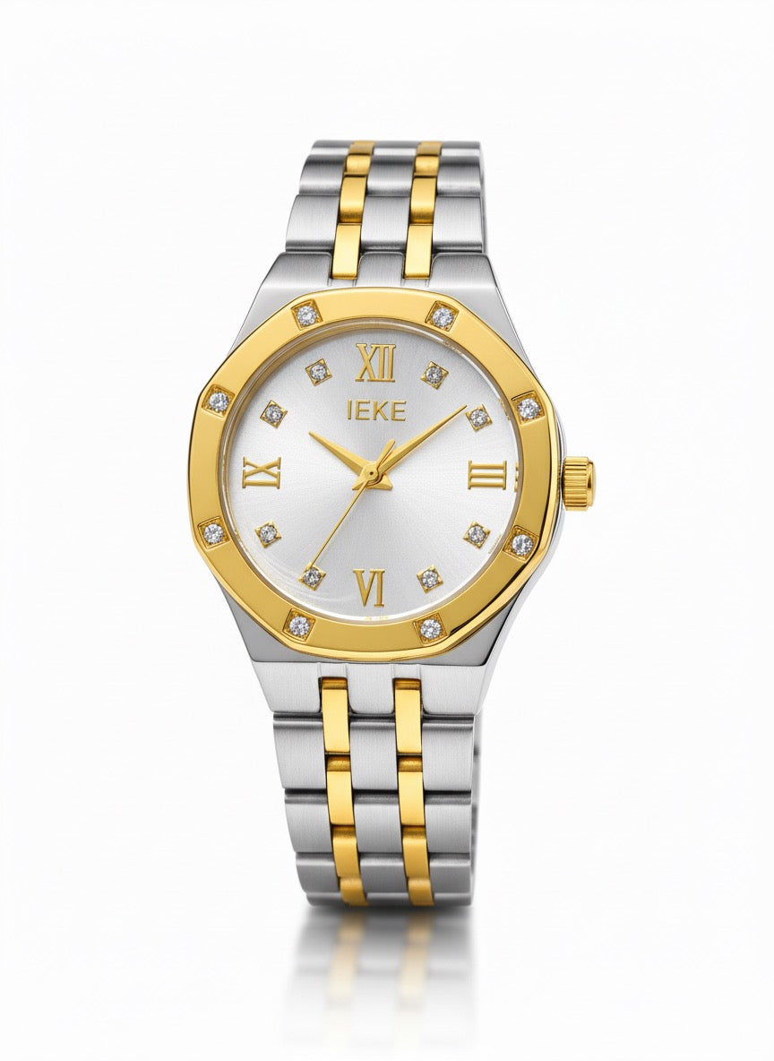 Montre IEKE Élégance Bicolore – Quartz Doré & Acier avec Index Cristaux