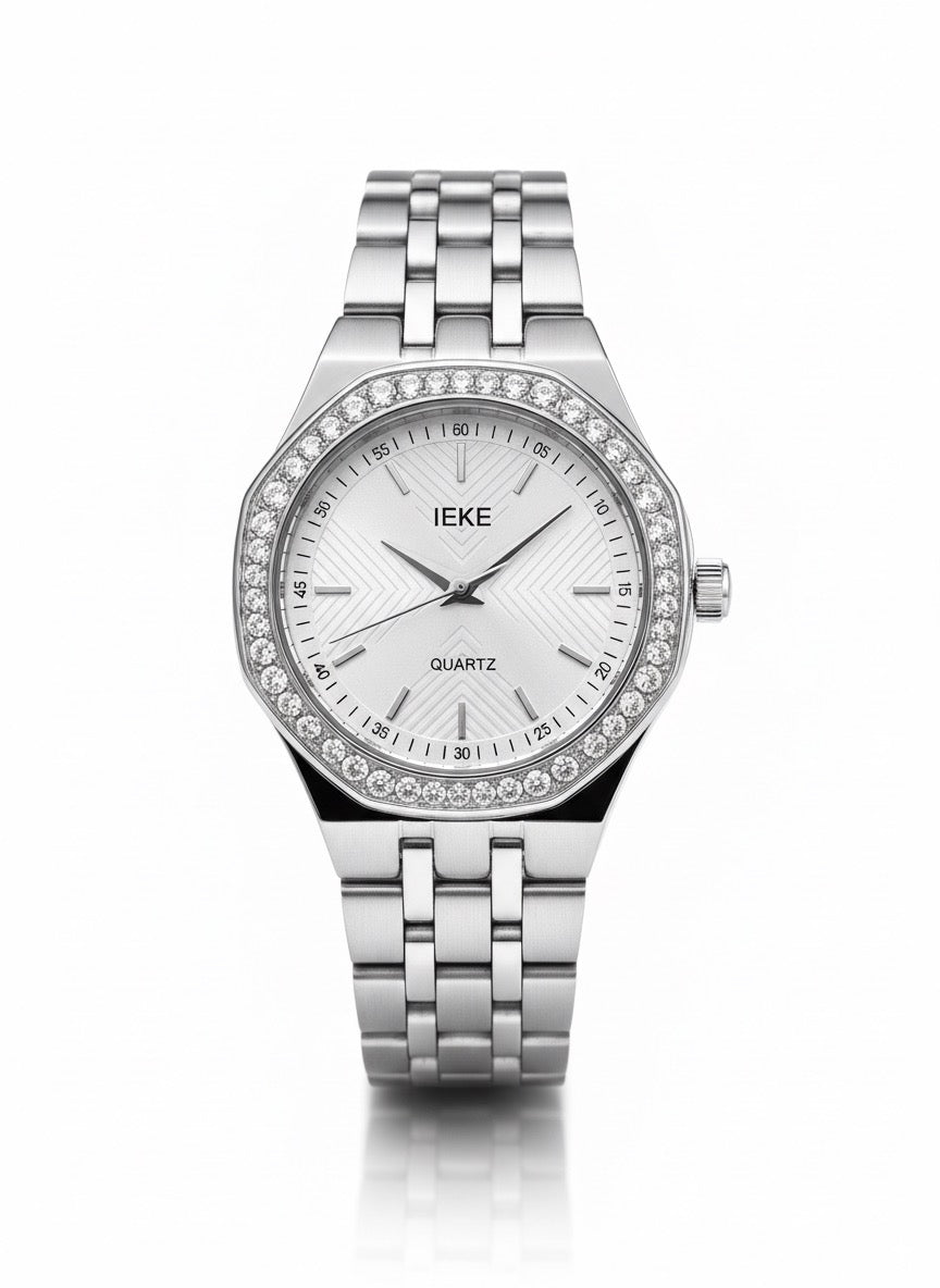 Montre YEKE Élégance Argent – Cadran Géométrique & Lunette Sertie